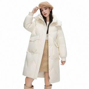 Kvinnor Winter Down Jacket 2023 Ny kvinnlig varm tjock puffer vit anka kappa koreansk lös huva ficka lg outwear cold b41 h4n9#