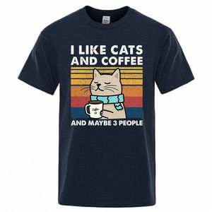 Mi piacciono i gatti e il caffè Street T-shirt divertente per gli uomini Fi Casual Allentato Cott Abbigliamento Girocollo Maglietta traspirante Hip Hop Tees i1dF #