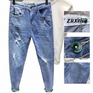 Original FI Luxury Brand W Stylish Men's Designer Blue Denim Boyfriend Slim With Ripped Hem och Distraed Broken Jeans V9XO#