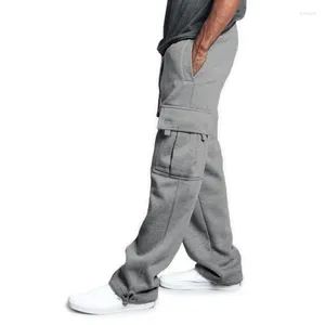Мужские брюки с несколькими карманами, осенне-зимние флисовые спортивные штаны, повседневные свободные прямые комбинезоны, мужские однотонные толстые брюки2024