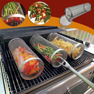 Alben Neues Rollengrill BBQ Basket Edelstahl Lecksicheres Mesh Grill Rack Outdoor Picknick Camping Einfacher zylindrischer BBQ Grill