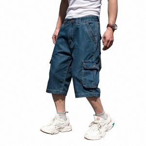 summer Denim Cargo Cropped Pants Big Pocket Men's Shorts Hip Hop Loose Plus Fat Plus Size Jean Short Male k774#