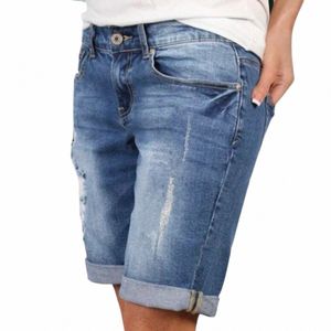 Vintage Blue Hole Denim Shorts Women 2022 New Fi Kne-Length Jeans Shorts High midje Slim Tickets 2022 Summer Shorts 59ue#