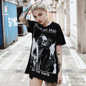 Sunfiz YF Gotik Siyah Kadınlar Oneck Kısa Kollu Mektup Kafatası Kedi Baskı Uzun Tshirt Yaz Goth Punk Kadın Gevşek Üstleri 240315