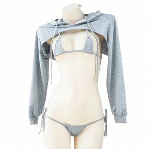 Anime cameriera costume cosplay donne sexy grigio con cappuccio manica lunga felpa coniglietta fasciatura costume da bagno lingerie bikini set vestiti 70hF #