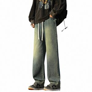 2024 Mäns nya high street amerikansk stil baggy jeans mångsidiga breda benbyxor retro denim vår fast färg w u1es#