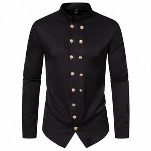 mens Double Breasted Dr Shirts Steampunk Lg Sleeve Punk Rock Gothic Shirt Men Halen Party Prom Chemise Homme White 2XL H9Qj#
