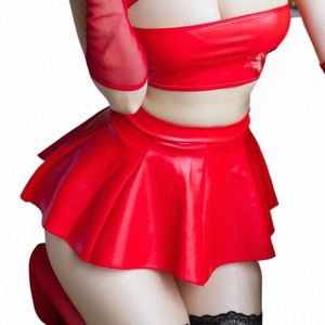 sexy Lingerie Women Pajamas Short Dr Sexy PU Pleated Skirt Mini Skirt Bodysuit Women Erotic Costume Babydoll Female Underwear W0Kf#