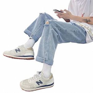 Coreano rasgado homens calças de perna larga 2022 outono novo streetwear em linha reta baggy denim calças masculinas marca streetwear calças jeans u0nq #