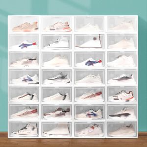 Caixa de sapatos multicolorida, armazenamento dobrável, plástico transparente, organizador de casa, exibição empilhável, combinação sobreposta, recipientes de sapatos zz
