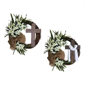 Decorative Flowers Round Easter Wreath With Cross Grapevine For Home Front Door