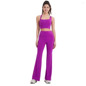 Active Sets Yoga Set 2024 Spring Fixed Chest Pad Nude Sports Bra & High Waist Fitness Dance Flared Pants 2-Piece Running Suit