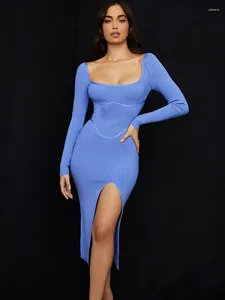 Casual Dresses HQBORY Square Blue Bodycon Bandage Dress Slit Long Sleeves Sexy Christmas Slim Knitted Backless Evening Women Clearance