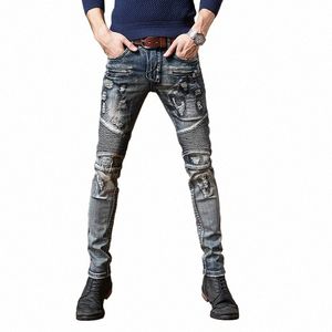 Байкерские джинсы скинни для мужчин Jean Homme Denim Ripped Spijkerbroeken Heren Stretch Pants Slim Fit Брюки Locomotive Hip Hop Fi 54kG #