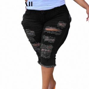 Mulheres Plus Size Street Fringe Rasgado Estiramento Skinny Black Denim Shorts Verão Sexy Club Party Alta Cintura Calça Jeans Curtas Hotpants 81cE #