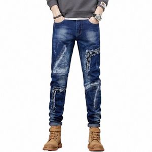 streetwear Fi Men Skinny Jeans Classics Blue Slim Ripped Jeans Punk Style Denim Trousers Frayed Patch Design Hip Hop Pants X9aL#