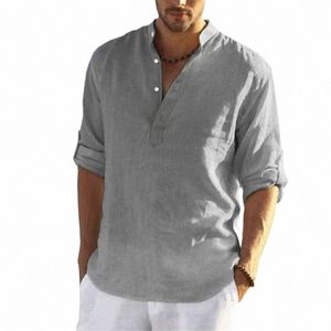 Mäns avslappnade lösa skjorta Men's Fi Stand Collar Pure Cott LG-ärmad Pure Color Shirt Stora herrkläder L3QX#