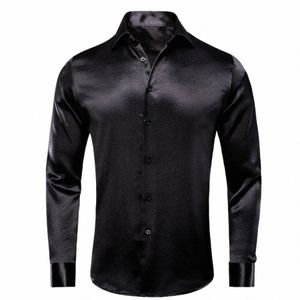 Hi-Tie Black Solid Herr LG Sleeve Plain Satin Silk Dr Shirt Casual Formal Busin Blus Shirt Luxury Design Men Clothing 40bz#