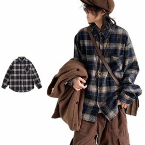 retro Versatile Shirt Men Women Preppy Plaid Stripes Loose Lg Sleeves Japanese Patchwork Pocket Casual Cardigan Unisex Outwear W7Co#