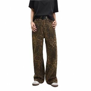 Leopardtryck y2k jeans kvinnor överdimensionerade breda ben denim byxor hög midja streetwear hip hop vintage lös baggy designer jeans m8mh#