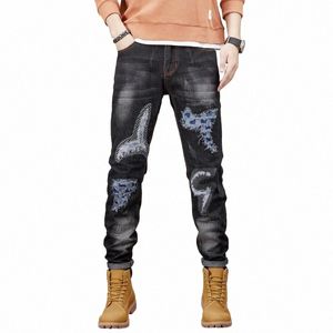 fi Designer Casual Denim Jeans Fi High Quality Lg Men Straight Black Patch Embroidery Ripped Pants Big Size p2vr#