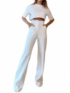 summer White Women's Suit Fi Round Neck Short Sleeve Crop Tops Straight Trousers Solid Color Two-Piece Set Ladies Tracksuit r8nh#