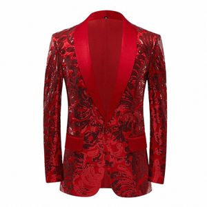 men Luxury Red Veet Sequins Floral Pattern Suit Jacket Blazer Stylish Shawl Lapel Blazers Men Party Stage Singer Costume Homme K2Wv#