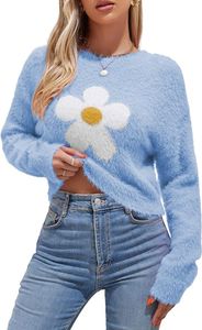 Zaful kvinnors fuzzy stickade tröja blommig tusensköna tryck långärmad besättning nacke fluffig casual pullover grödor