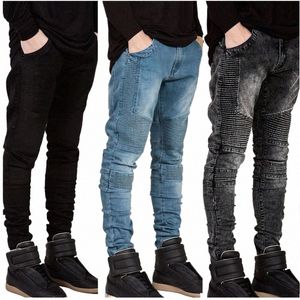 Europäische Männer Biker Jeans Stretchy Plissee Skinny Fit Motorrad Herrenhose U0Kb #