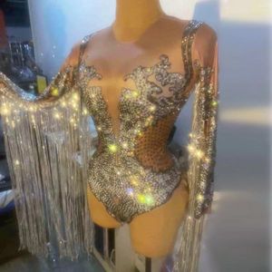 Sıradan Elbiseler Rhinestones püskül gece kulübü bodysuit kadınlar streç seksi tavan kutlama performans dansçı kostümleri kutup dans kıyafetleri