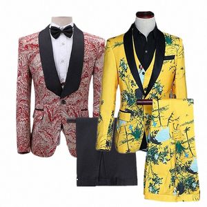 yellow Suit 3 Piece Men's Black Collar Single Butt Printed Dr Jacket with Vest Trousers Fi Slim Male Sets S M L XL XXL S9Ri#