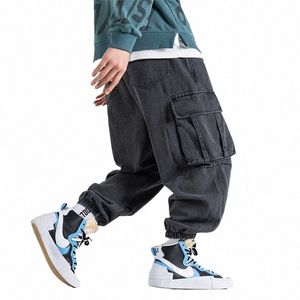 uomini cargo jeans hip hop streetwear pantaloni harem larghi outdoor fi pantaloni da jogging blu denim nero pantaloni jeans plus size 5XL m7pE #