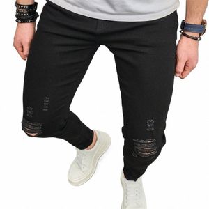 Homens elegantes Simples Sólidos Jeans Rasgados Boa Qualidade Masculino Buracos Stretch Skinny Denim Calças Roupas Masculinas d3SU #