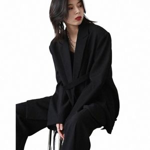 Chic Ven Women Blazer Black Ribb Medium LG Coat Loose Female Pant Suits Office Lady Busin Tops Spring Autumn 2022 Q01p#