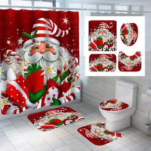 Duschvorhänge, Weihnachtsmann, Weihnachtsvorhang-Sets mit Teppich, Toilettenbezug, Badematten, festliche niedliche Cartoon-Elche, Weihnachtsgeschenk, Badezimmer-Dekor-Set
