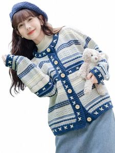 houzhou Vintage Cardigan Sweater Women Blue Lg Sleeve Striped Sweater Coat V-neck Casual Knitted Jumpers Female Korean Clothes Z5N5#