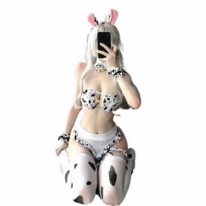 Japonês Anime Cos Cow Cosplay Costume Sexy Lingerie Maid Uniform Girls Cute Lolita Bra e Panty Set com meias Y38L #