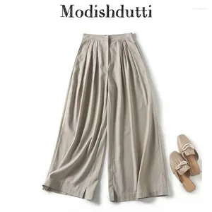 Women's Pants Modishdutti 2024 Spring Summer High Quality Women Fashion Loose Waist Wide Leg Female Solid Casual Linen Trouser