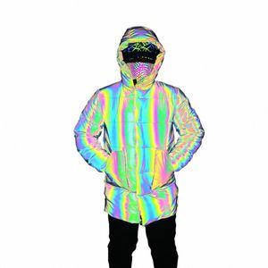 new Arrival Men Colorful Reflective Thick Jackets Winter Warm Lg Coats Hooded Reflect Light Parka Clothing Doudoune Homme e0ux#