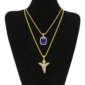 Iced Out Ruby Necklace Set Brand Micro Ruby Angel Jesus Wing Pendant Hip Hop Necklace Male Jewelry Whole296O