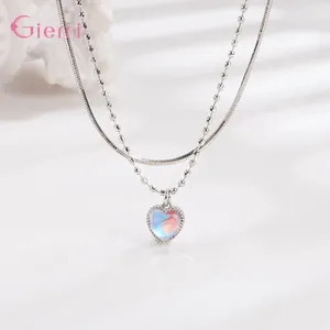 Pendant Necklaces Romantic Valentines Gift Jewelry For Women Ladies Fine 925 Sterling Silver Double Layers Chain With Heart Zircon