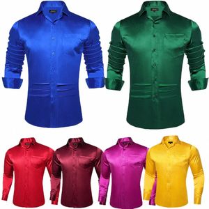 stretch Satin Men Solid Shirt Blue Red Green Smooth Summer Spring Men Clothing Wedding Party Prom Social Dr Shirts Blouse V0zH#