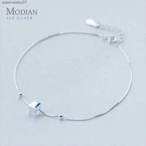 Anklets Modian 3D Square Fashion Leg Silver Bracelet 925 Sterling Silver Ankle Womens Natural Crystal Stone Fashion Jewelryl2403