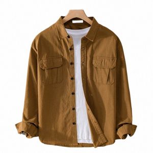 9858 Spring Fall Fi Handsome Cargo Style Vintage Youth Shirts Casual Loose Lg Sleeved Simple Tooling Male Khaki Blouse I3aN#