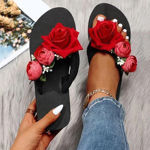 Chinelos Flores Decoração para Mulheres Senhoras Verão Flip Flops Open Toe Bohemian Sandálias Casuais Sapatos Suaves Sola Cunha