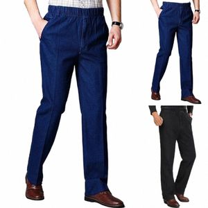 Calças masculinas flexíveis de meia idade do pai Slim Fit Jeans de cintura elástica com bolsos de cintura alta Design de comprimento de tornozelo para conforto casual U8rs #