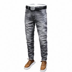 italian Designer Fi Men Jeans High Quality Retro Gray Elastic Slim Fit Ripped Jeans Men Vintage Casual Denim Pants Hombre n0WE#