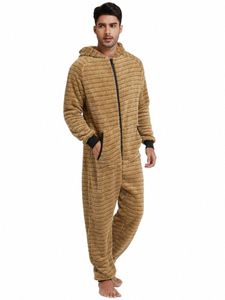 Män Solid Flanell Pyjamas Jumpsuits LG Sleeve Homewear 2021 Overalls Hoode Nightwear W8ry#