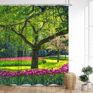 Cortinas de chuveiro cênica cortina jardim natureza cenário primavera flor colorido rio alpino impressão casa decoração do banheiro com ganchos