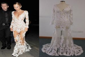 Vestidos de celebridades imagens reais pura candice swanepoel marfim rendas apliques sobre ilusão nu tule manga longa vestidos de noite 4730457